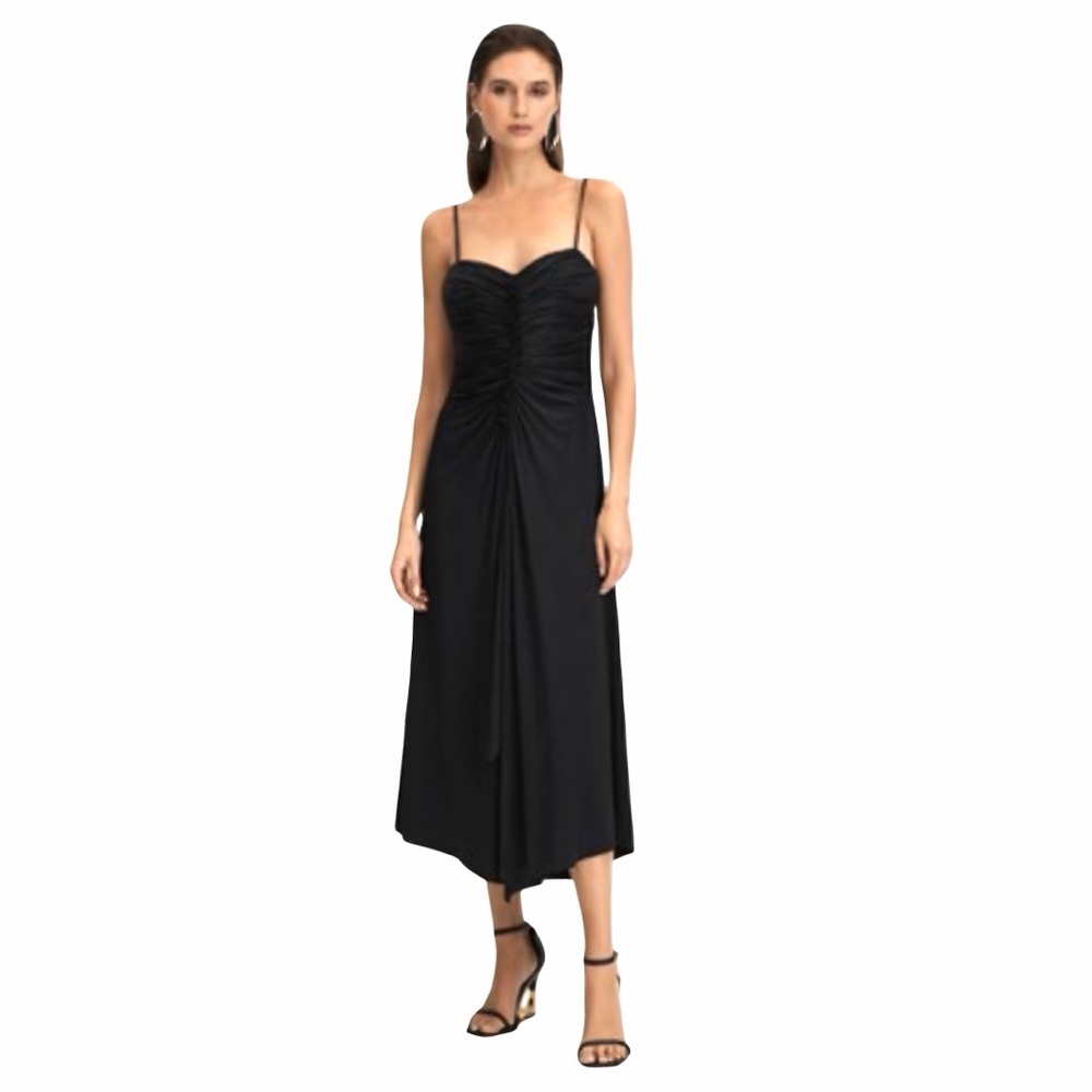 NEW Delfi Marilyn Pleated V-Neck Mountain Black Midi Dress Sz M